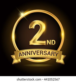2nd golden anniversary logo, with shiny ring and ribbon, laurel wreath isolated on black background, vector design