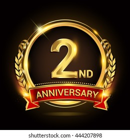 2nd golden anniversary logo, with shiny ring and red ribbon, laurel wreath isolated on black background, vector design
