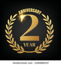 Logo del 2do aniversario dorado, con Laurel Wreath y cinta de oro Vector Ilustración