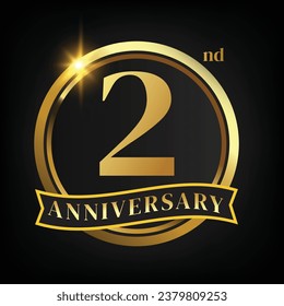 Logo del 2do aniversario dorado, con Laurel Wreath y cinta de oro Vector Ilustración