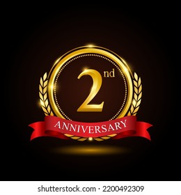 2nd golden anniversary template design, with shiny ring and red ribbon, laurel wreath isolated on black background, logo vector