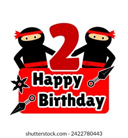 2.º feliz cumpleaños tema ninja color negro rojo blanco. ninja mascot feliz cumpleaños con kunai o elemento de herramientas ninja tradicionales