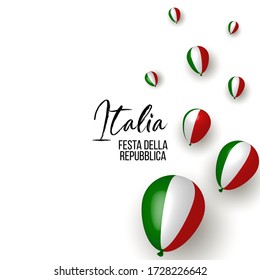 2nd june, Italy Happy republic Day greeting card. Waving italian flags and balloons isolated on white background. Patriotic Symbolic background Vector illustration. Festa della repubblica