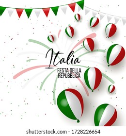 2nd june, Italy Happy republic Day greeting card. Waving italian flags and balloons isolated on white background. Patriotic Symbolic background Vector illustration. Festa della repubblica