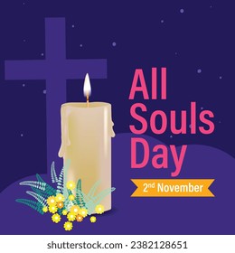 2nd November All Souls Day, Christian Religion with Candles in Flat night Background Design