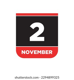 2nd November calendar date icon. 2 Nov lettering.