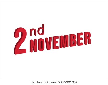 2 de noviembre , símbolo de calendario diario y fecha. Diseño moderno, renderización 3d. Fondo blanco.