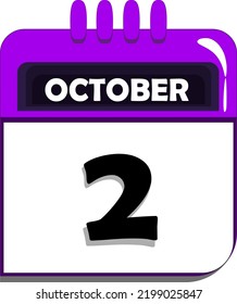 2nd of october. calendar with date number two, second day of october, month of october
