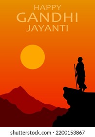 2nd October Happy Gandhi Jayanti festival of India. Vector beautiful landscape with rising sun over the mountains and man on the peak, text Happy Gandhi Jayanti for banner, poster, wallpaper design.