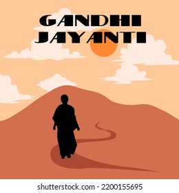 2 de octubre Feliz Festival Gandhi Jayanti de India. Vector hermoso paisaje con sol sobre las montañas y hombre caminando, envía un mensaje a Gandhi Jayanti para el diseño de pancartas, afiches, papel pintado.