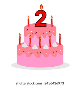 2do pastel de cumpleaños rosa con vela numeral roja estilo de dibujos animados 3d editable en Vector