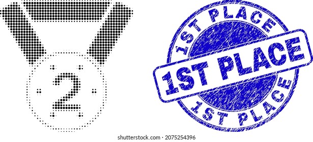 2nd place medal halftone dotted icon with 1St Place seal stamp. Blue vector rounded grunge seal stamp with 1St Place caption inside circle shape.