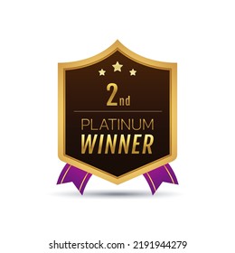 2nd place platinum winner award honor shield shape. Premium luxury golden gradient vector.