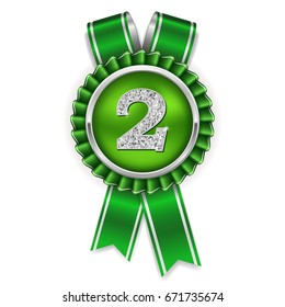 2nd place rosette/medal with green ribbon on white background