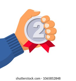 2nd place. Silver medal in the hand of athlete. Medal with ribbon. Sportsman winner is awarded prize. Vector illustration flat design style. Victory isolated on white background. Championship winner.