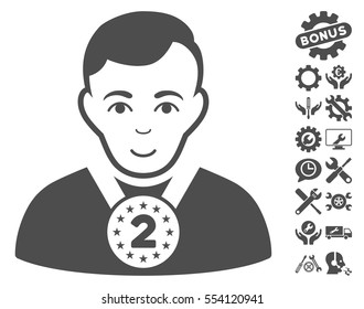 2nd Prizer Sportsman icon with bonus tools images. Vector illustration style is flat iconic gray symbols on white background.