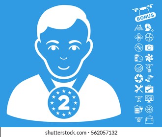 2nd Prizer Sportsman icon with bonus uav service clip art. Vector illustration style is flat iconic white symbols on blue background.