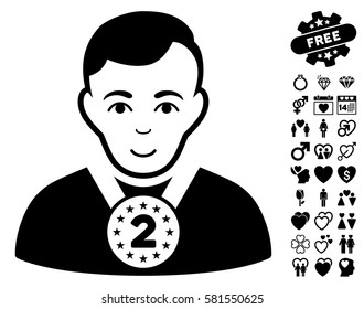 2nd Prizer Sportsman icon with bonus decoration pictograph collection. Vector illustration style is flat iconic black symbols on white background.