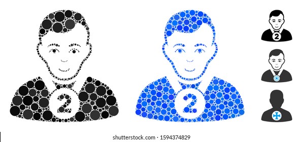 2nd prizer sportsman mosaic of circle elements in variable sizes and color tints, based on 2nd prizer sportsman icon. Vector circle elements are grouped into blue collage.