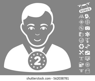 2nd Prizer Sportsman pictograph with bonus flying drone tools pictures. Vector illustration style is flat iconic white symbols on gray background.