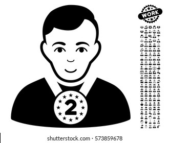 2nd Prizer Sportsman pictograph with bonus men images. Vector illustration style is flat iconic black symbols on white background.