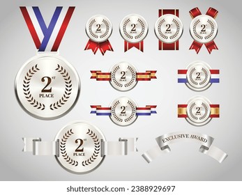 2nd silver medals on ribbons realistic illustrations set