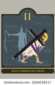 2nd Station. The Way of the Cross or via Crucis. Traditional Version. Jesus takes up his Crucifix. Editable Clip Art.