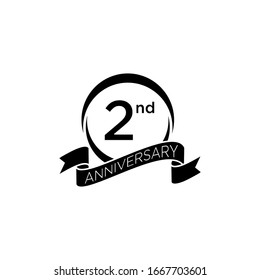 2nd year anniversary black logo with ribbon number design icon