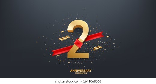 2nd Year anniversary celebration background. 3D Golden number wrapped with red ribbon and confetti on black background.