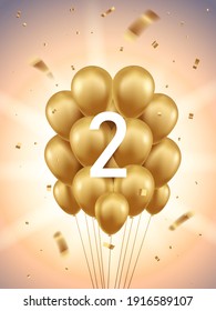 2nd Year anniversary celebration background. Golden balloons and confetti with sunbeams in background.