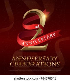 2nd year anniversary celebration golden logo with red ribbon on red background. vector illustrator