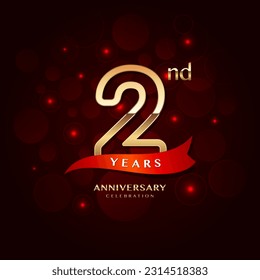 2nd year anniversary celebration logo design with a golden number and red ribbon, vector template