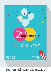 2nd Year Anniversary invitation Design, with gift box and balloons, ribbon, Colorful Vector template elements for birthday celebration party