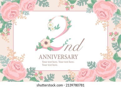 2nd year anniversary template with elegant flowers. Flolal font. Vector illustration.