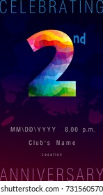 2nd year colored anniversary card. Stained-glass number 2 logotype. Celebrating congratulating greetings and abstract brush dark background. Isolated broken facet puzzles emblem of second place.