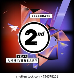 2nd years anniversary card with colorful background. Two years birthday logo on geometric colorful background.