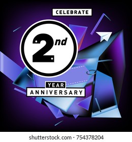 2nd years anniversary card with colorful background. Two years birthday logo on geometric colorful background.