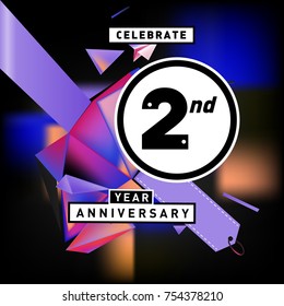 2nd years anniversary card with colorful background. Two years birthday logo on geometric colorful background.