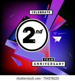 2nd years anniversary card with colorful background. Two years birthday logo on geometric colorful background.