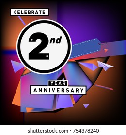 2nd years anniversary card with colorful background. Two years birthday logo on geometric colorful background.