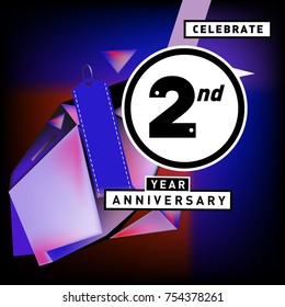 2nd years anniversary card with colorful background. Two years birthday logo on geometric colorful background.