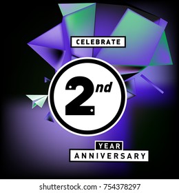 2nd years anniversary card with colorful background. Two years birthday logo on geometric colorful background.