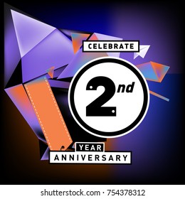 2nd years anniversary card with colorful background. Two years birthday logo on geometric colorful background.