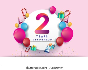 2nd years Anniversary Celebration Design with balloons and gift box, Colorful design elements for banner and invitation card.