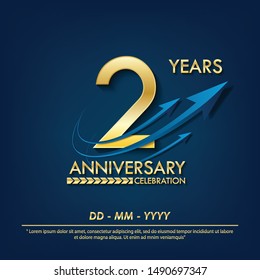 2nd years anniversary celebration emblem. anniversary elegance golden logo with blue arrow ribbons on blue background. vector illustration template design for celebration greeting and invitation card