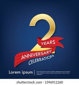 2nd years anniversary celebration emblem. anniversary elegance golden logo with red ribbon on dark blue background, vector illustration template design for celebration greeting and invitation card