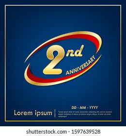 2nd years anniversary celebration emblem. anniversary elegance golden logo with red ring on blue background, vector illustration template design for celebration greeting and invitation card