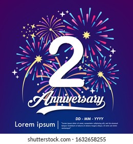 2nd years anniversary celebration emblem. white anniversary logo isolated with colorful fireworks background. vector illustration template design for web, flyers, poster, greeting & invitation card