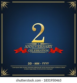 2nd years anniversary celebration emblem. anniversary elegance golden logo with red ribbon on dark blue background, vector illustration template design for celebration greeting and invitation card