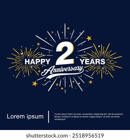 2nd years anniversary celebration emblem. happy anniversary logo with fireworks, sparkle, twinkle and stars  vector illustration template design for web, flyers, poster, invitation card, greeting card